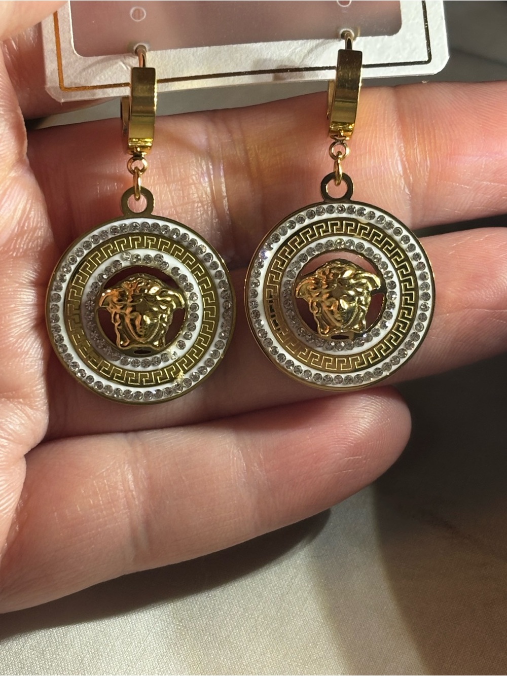 Fashion Jewelry Gold and White Medusa Drop Earrings